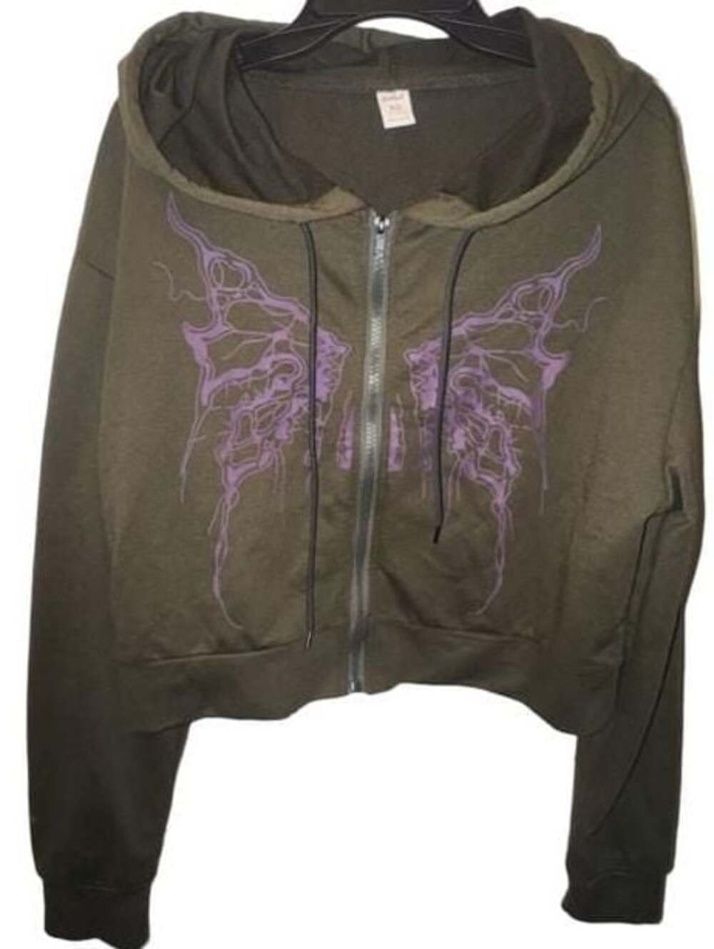 ROMWE Graphic Butterfly Print Zip-Up Hoodie Brown Olive XS